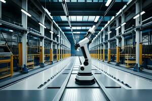 a robot is standing in a warehouse with a conveyor belt. AI-Generated photo