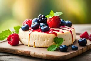 cheese with berries and mint on a wooden board. AI-Generated photo