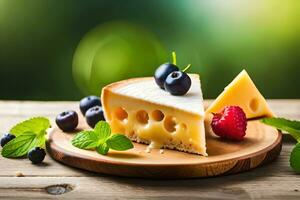 cheese with berries and mint on wooden table. AI-Generated photo