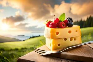 cheese with berries on top of a wooden board. AI-Generated photo