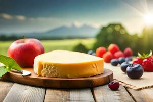cheese, apples and berries on a wooden table. AI-Generated photo