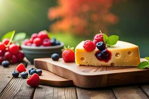 cheese with berries and berries on a wooden table. AI-Generated photo