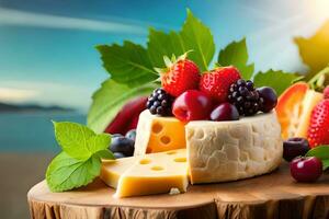 cheese with berries and fruit on a wooden board. AI-Generated photo