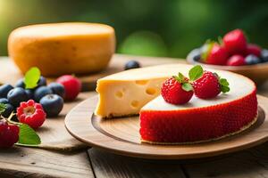 cheese and berries on a wooden table. AI-Generated photo