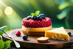 cheese cake with berries and cheese on wooden table. AI-Generated photo