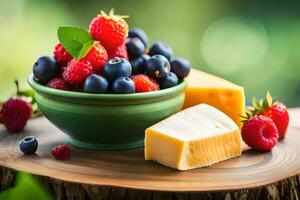 fresh berries and cheese on a wooden table. AI-Generated photo