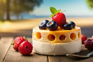 a cheesecake with berries and raspberries on top. AI-Generated photo