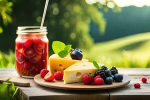 fresh fruit and cheese on a wooden table with a glass of juice. AI-Generated photo