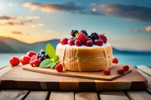 a cake with berries and cream on a wooden table. AI-Generated photo