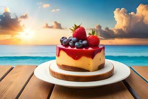 a cheesecake with berries on a plate on a wooden table. AI-Generated photo