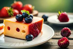 cheese with berries on a plate. AI-Generated photo