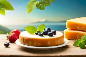 cheese and berries on a wooden table with a view of the sea. AI-Generated photo