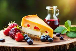 cheese cake with berries and berries on a wooden board. AI-Generated photo