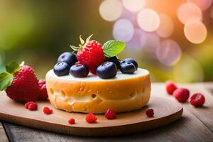 tarta de queso con bayas en de madera mesa. generado por ai foto