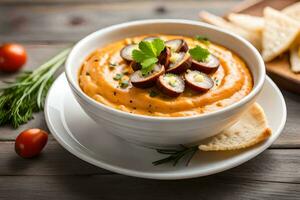 pizza dip with tomatoes and olives in a bowl on a wooden table. AI-Generated photo