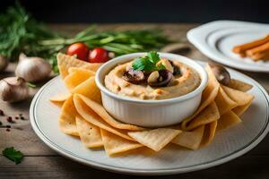 mushroom and cheese dip with crackers on a wooden table. AI-Generated photo