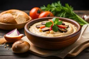 pumpkin hummus with vegetables and bread on a wooden table. AI-Generated photo