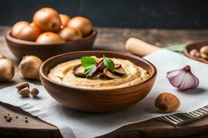 hummus with mushrooms and herbs in a bowl on a wooden table. AI-Generated photo