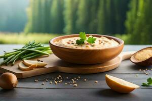 dip with green beans, garlic and parsley on a wooden table. AI-Generated photo