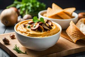 mushroom and cheese dip with crackers on a wooden board. AI-Generated photo