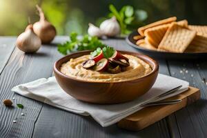 hummus dip with crackers and vegetables on a wooden table. AI-Generated photo
