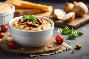 mushroom and cheese dip in a bowl with vegetables on a wooden board. AI-Generated photo