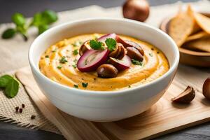 pumpkin hummus dip with roasted pumpkin seeds and radishes. AI-Generated photo
