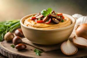 mushroom and vegetable hummus with roasted chestnuts and garlic in a bowl on a wooden. AI-Generated photo