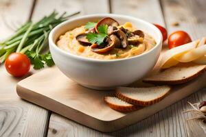 mushroom and cheese dip in a bowl on a wooden board. AI-Generated photo
