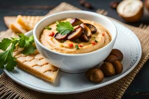 mushroom and cheese dip in a bowl with crackers on a wooden table. AI-Generated photo