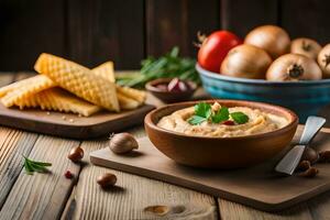hummus dip with bread and vegetables on wooden table. AI-Generated photo