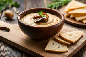 olive dip with crackers on a wooden board. AI-Generated photo