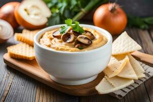 mushroom and cheese dip in a bowl on a wooden table. AI-Generated photo