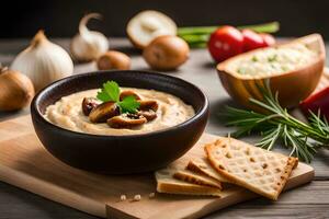 mushroom and cheese dip with crackers and vegetables on a wooden board. AI-Generated photo
