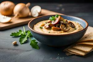 mushroom and cheese dip in a bowl with crackers on a wooden table. AI-Generated photo