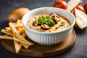 mushroom and cheese dip in a bowl with french fries and tomatoes. AI-Generated photo