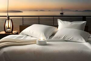 un cama con blanco almohadas y un vela en un balcón con vista a el océano. generado por ai foto