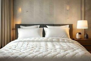 a white bed with a white comforter and pillows. AI-Generated photo