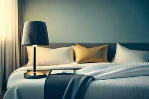 a bed with pillows and a lamp in front of it. AI-Generated photo