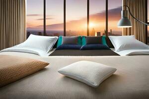 a bed with pillows and a view of the city. AI-Generated photo