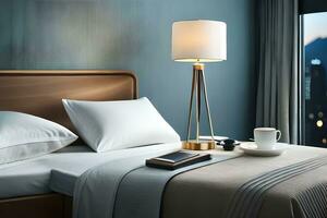 a hotel room with a bed, lamp and coffee. AI-Generated photo