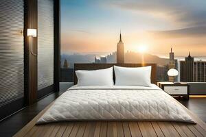 modern bedroom with cityscape view at sunset. AI-Generated photo