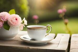 cup of tea and flowers on a wooden table. AI-Generated photo