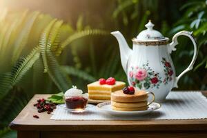 tea and cake on a table in the garden. AI-Generated photo