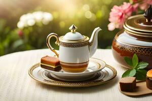 a teapot, cup and cake on a table with flowers. AI-Generated photo