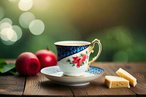 un taza de té y un rebanada de queso en un de madera mesa. generado por ai foto