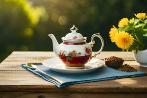 tea pot and flowers on wooden table. AI-Generated photo