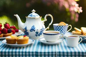 a table with tea and coffee cups, cakes and fruit. AI-Generated photo