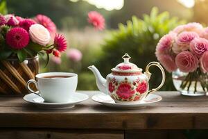 a cup of tea and a teapot are on a wooden table with flowers in the background. AI-Generated photo