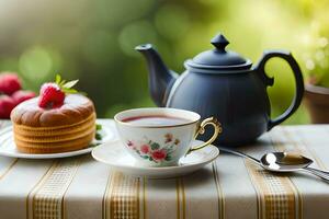 té y pastel en un mesa. generado por ai foto